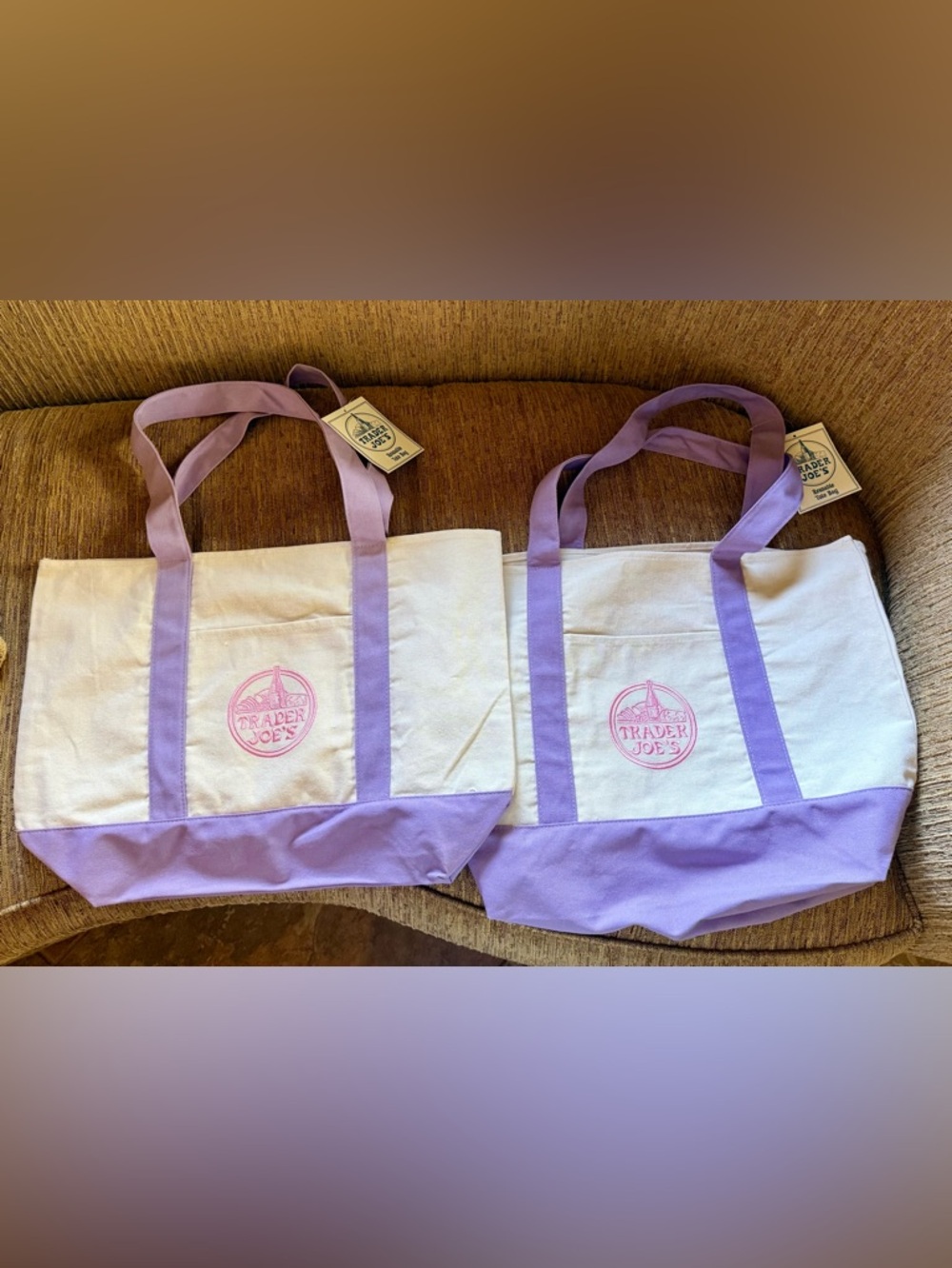 Trader Joe's White Canvas Tote with Lavender Accents